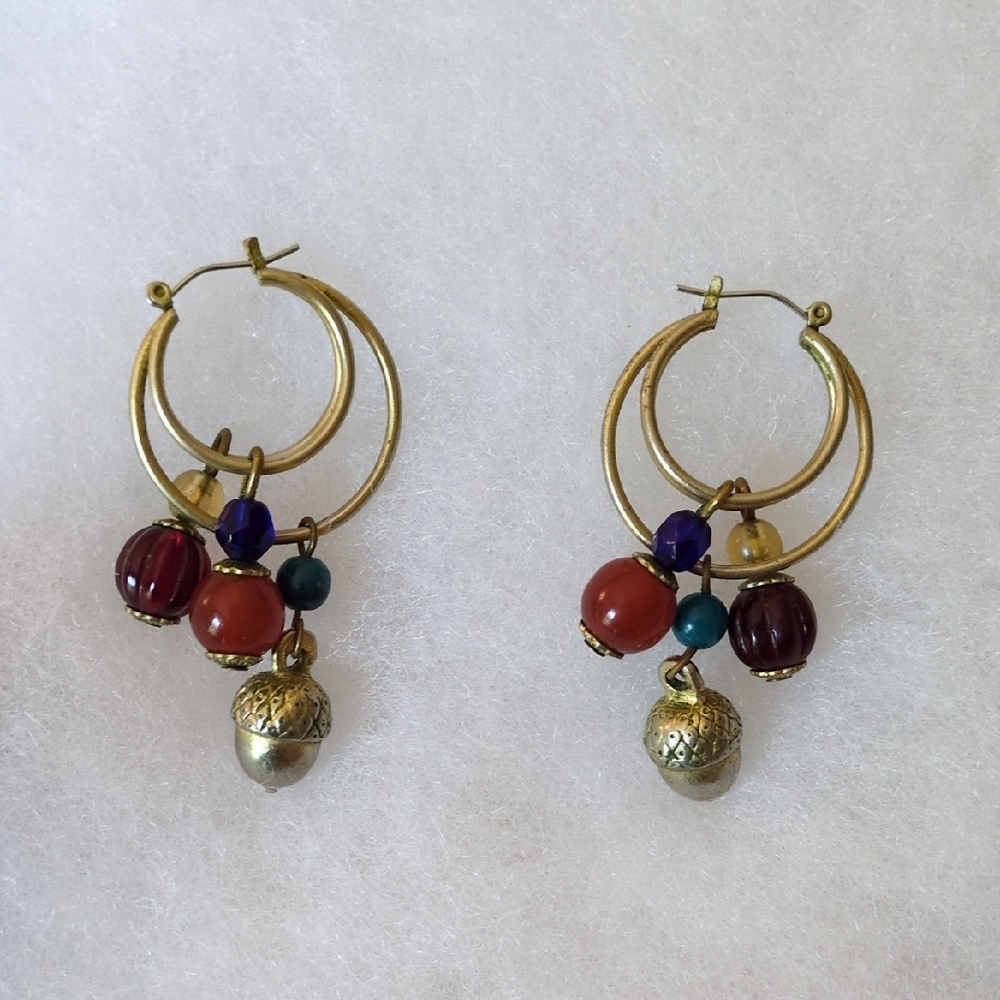 🖤 Vintage Gold and Multicolor Beaded Hoop Earrings